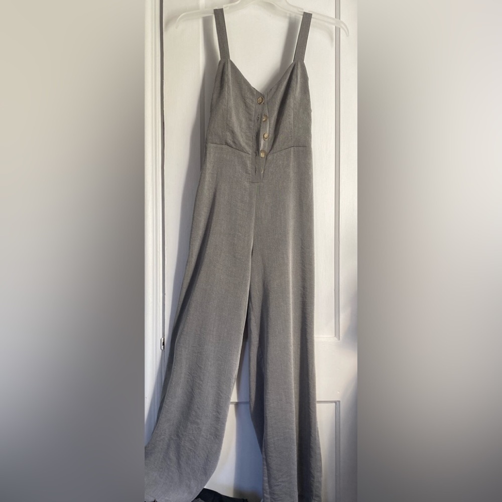 Hem & Thread Pants Jumpsuit Front Buttons Tie Back, Wide Leg Size: Small
